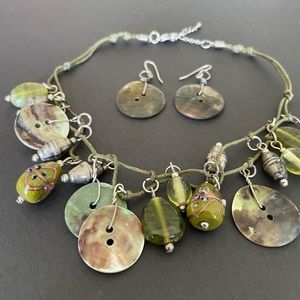 Boho Shell Glass Leather - Double Stranded Necklace with Matching Earrings